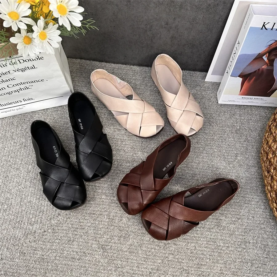 

Birkuir Retro Closed Toe Sandals For Women Hollow Out Flats Shoes Weave Gladiator Sandals Soft Soles Genuine Leather Loafers