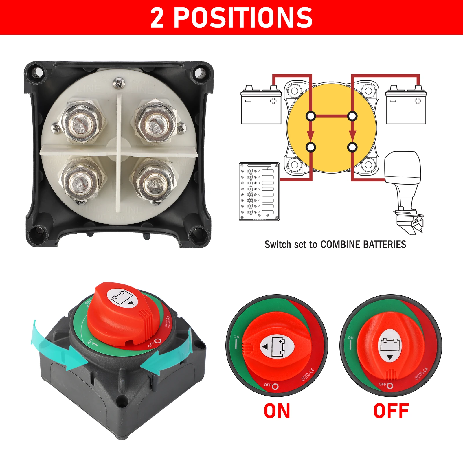 Cut IP65 Off Heavy Duty Double Pole Battery Switch DC 48V 600Amp Ignition Protected Marine Boat Dual Battery Isolator Switches