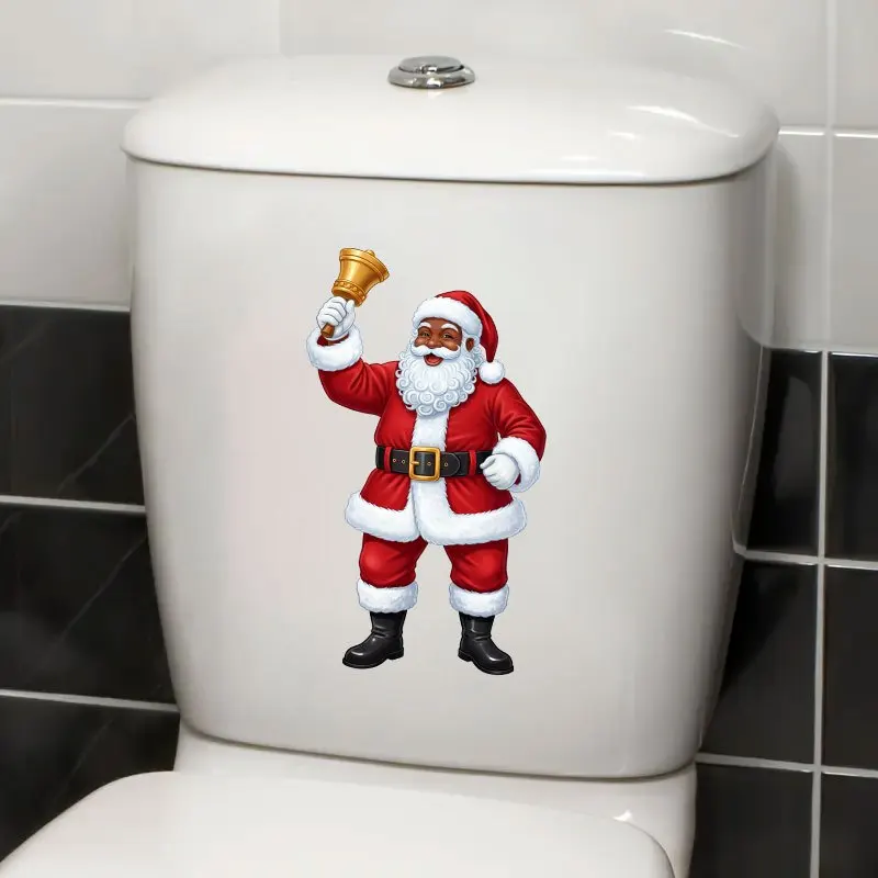 1-Piece African American Santa Claus Classic Red Dress Ringing Gold Bell Christmas Toilet Stickers