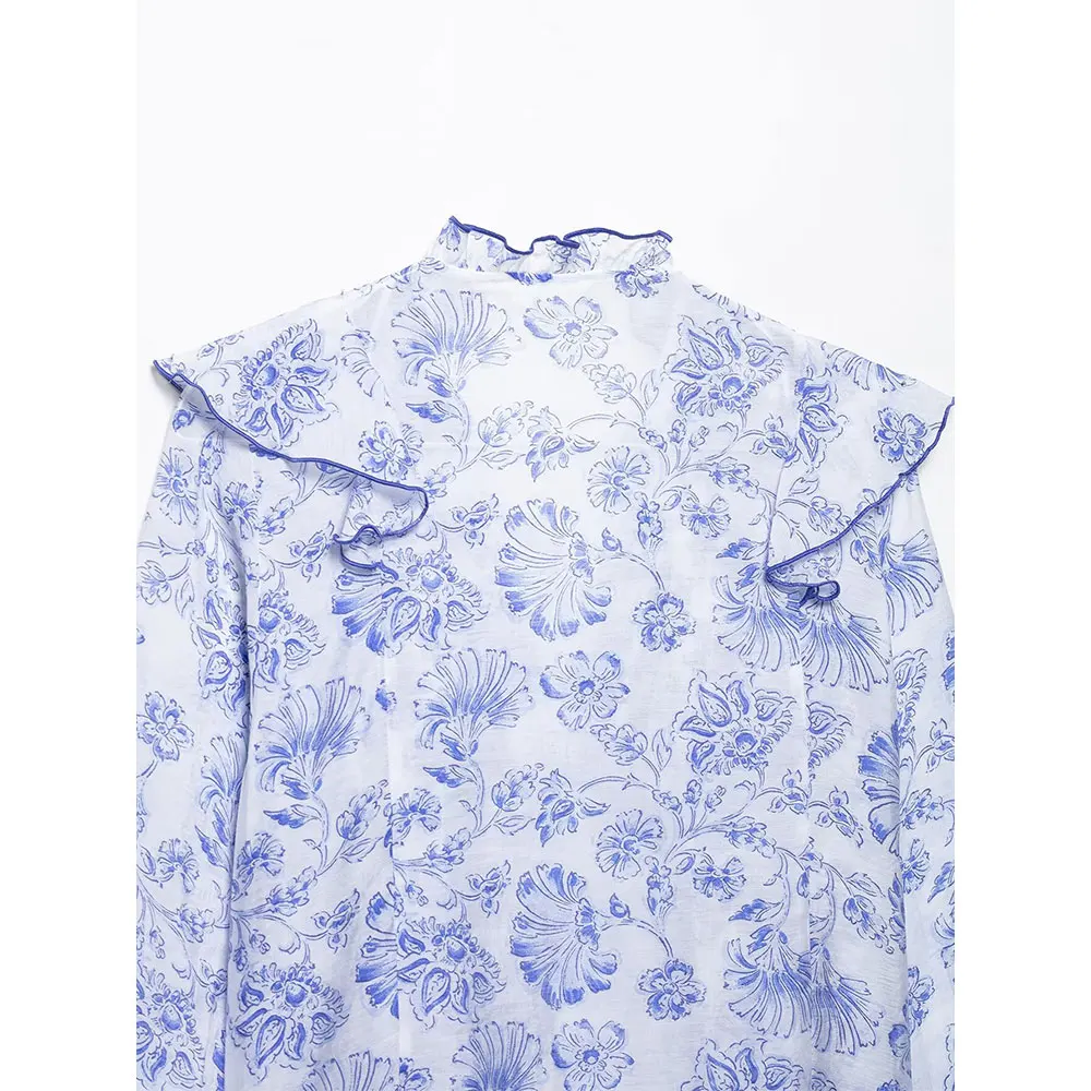 DUOPERI femmes mode imprimé à volants plissé pull Blouse Vintage col en v manches longues femme Chic dame chemises Camisas Mujer