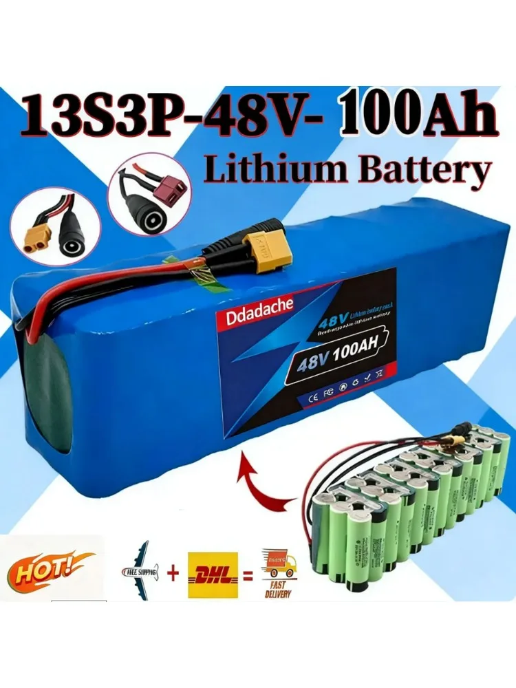 48V 100Ah Lithium-ion 13S3P Batterijpakket 100000mAh met 250W 350W 500W 750W 1000W BMS voor 54.6V E-bike Elektrische Fiets Scooter - afbeelding 2