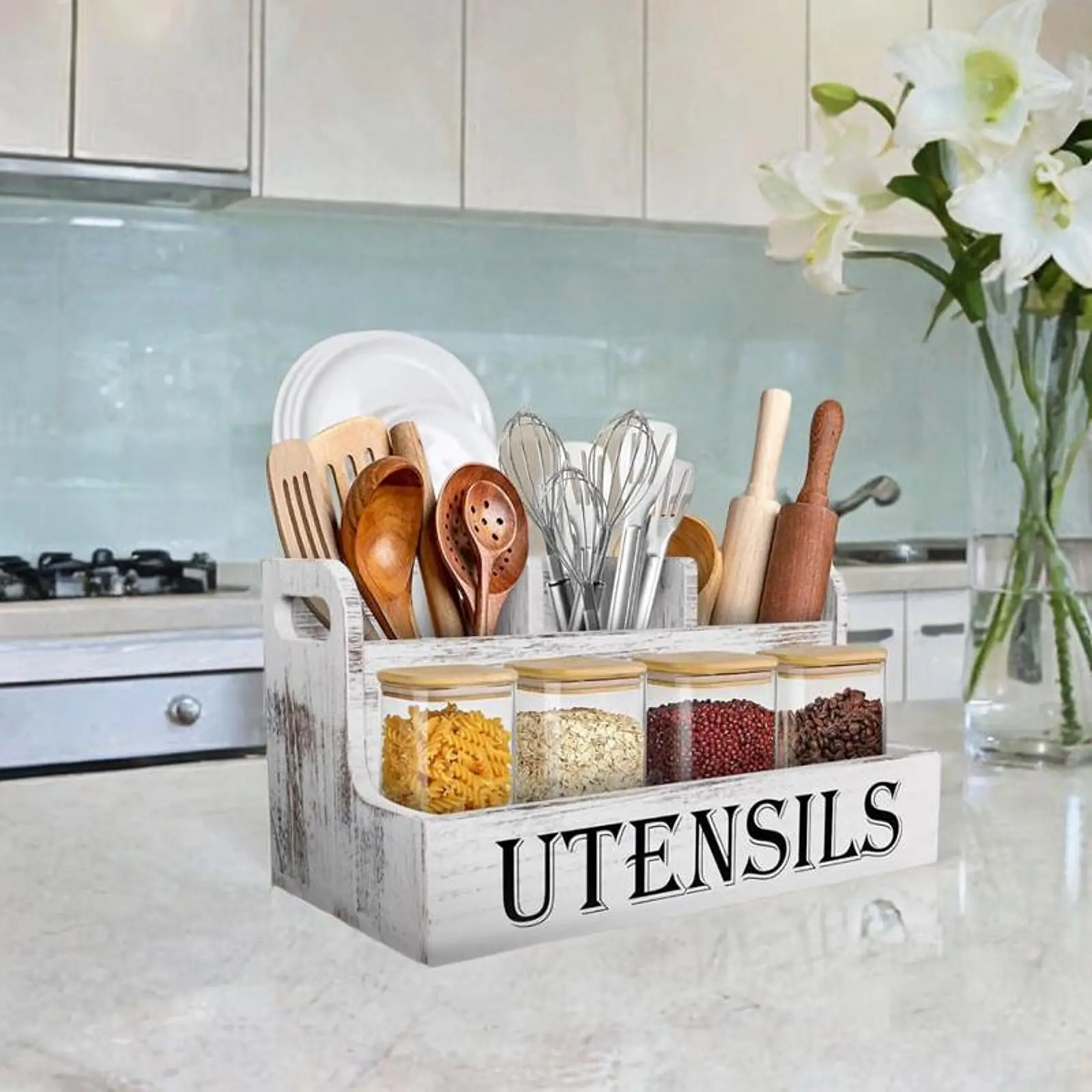 

Kitchen Utensil Holder Kitchen Decor Silverware Holder Utensil Organizer with 4 Compartments for Tableware Jars Flatware Spoon