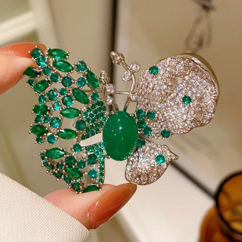 Vintage Large Butterfly Brooch Multi‑Layer Green Cubic Zirconia With Smooth Oval Center Stone Two‑Tone Plated Ladies Brooch