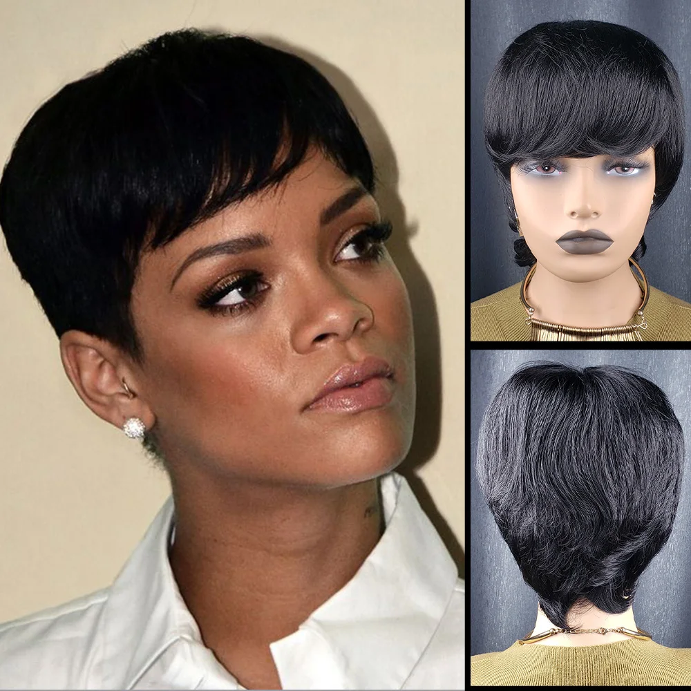 Pixie Cut Wig Short Layered Wigs Short Straight Full Machine Made Natural Wig with Bangs for Daily Use
