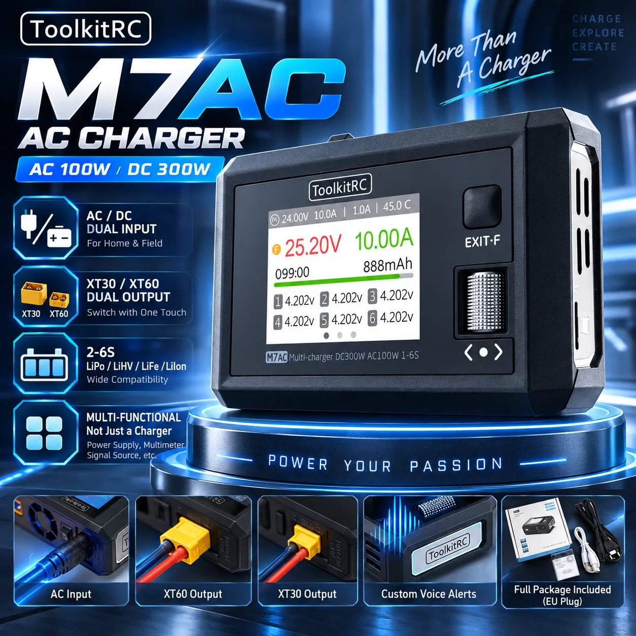 ToolkitRC M7AC Multi-functional Balance Charger 100W AC 300W DC XT60 XT30 Dual Output Charger for 2-6S Lipo Battery RC FPV Drone