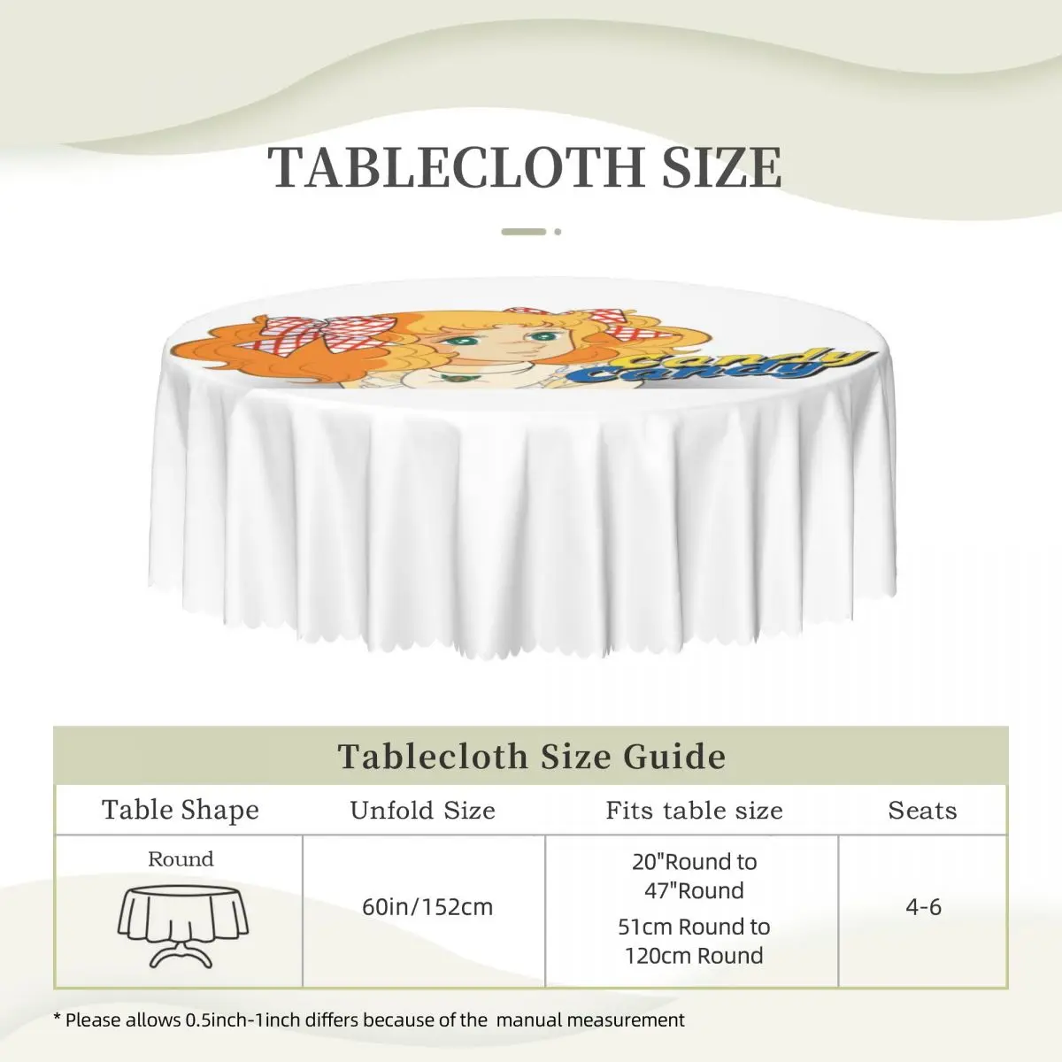 Round Cute Candy Candy Logo Tablecloth Waterproof Oil-Proof Table Covers 60 inches Anime Manga Table Cloth