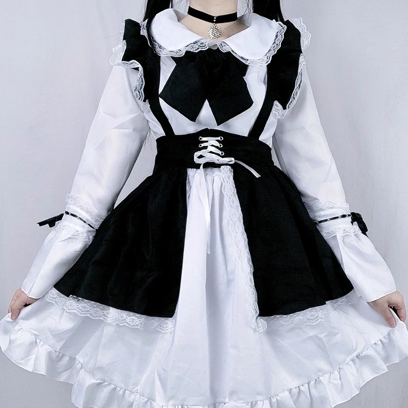 Traje de sirvienta Lolita para mujer, disfraz de cafetería erótico, vestido de uniforme blanco y negro, bonito vestido con lazo