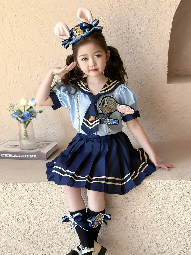 

Summer Zootopia Judy Hopps 2Pcs Set New College Style Short Sleeve T-Shirt+Pleated Skirt Disney Cartoon Fashion Children's Suits