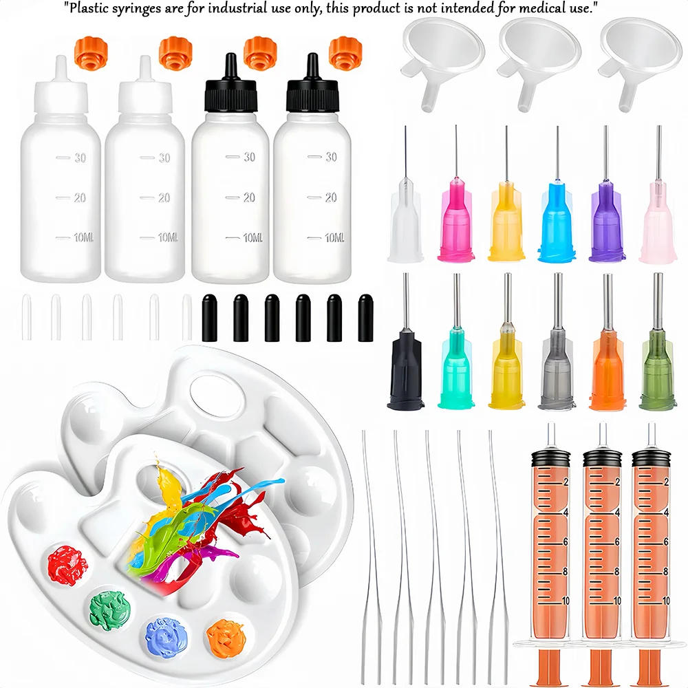 Paint Dispensing and Painting Tool Set, 30ml Transparent Graduated Squeeze Tip Bottle, Multi-Specification Colored Needle Tubes, Plastic Color Mixing Palette, Mini Plastic Funnel, Disposable Syringe, Complete Set of Consumables for Hand-Painted Nail Art and Acrylic Paint Mixing