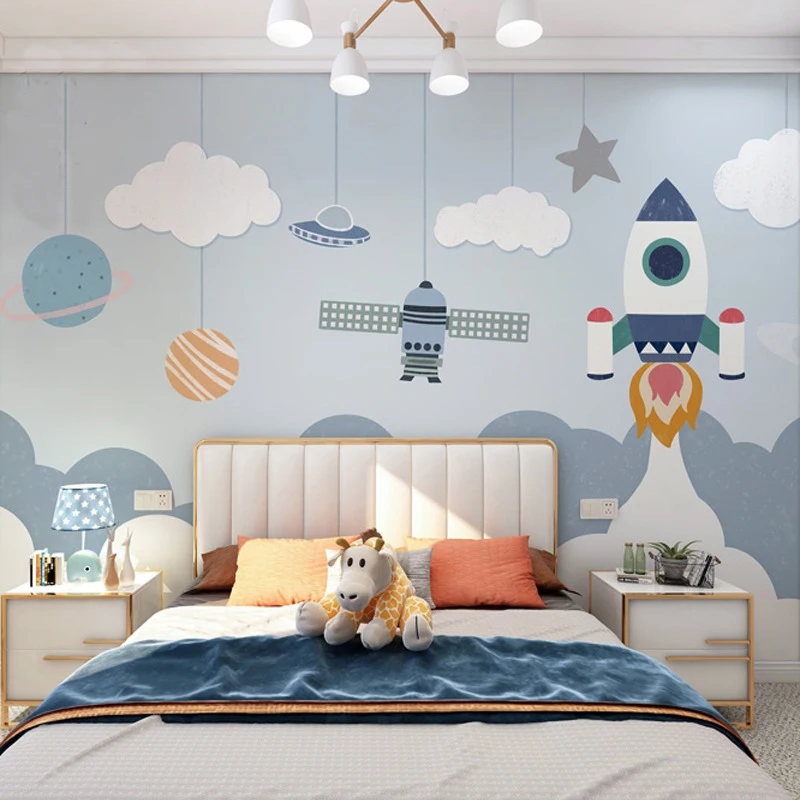 Customized products Nordic cartoon space rocket wallpaper modern simple children's room boy bedroom background wall mural 3D