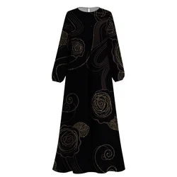 Moda Islam muzułmańska czarna abaja kobiety długie rękawy drukuj Abaya O-neck sukienki muzułmańskie Femme dubaj turcja kaftan islamska szata S-3XL