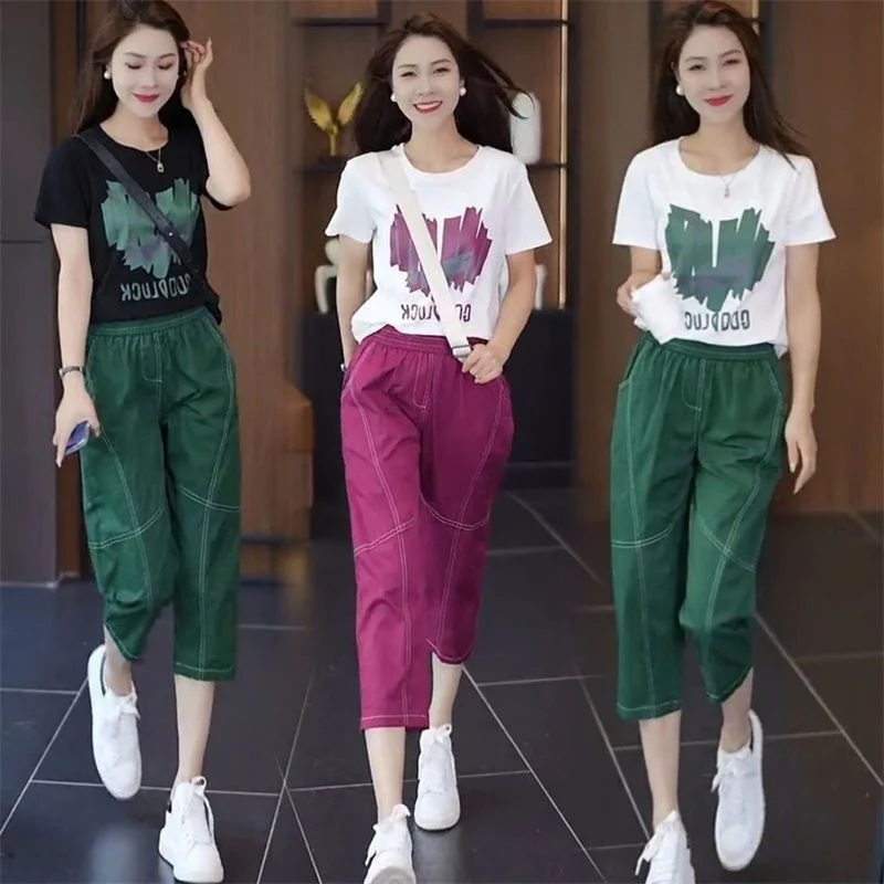 Women\'s Loose Fashion Summer New Casual Suit Meat Covered Short Sleeve T-shirt Harun Calf-Length Pants 2 Two Piece Set For Women