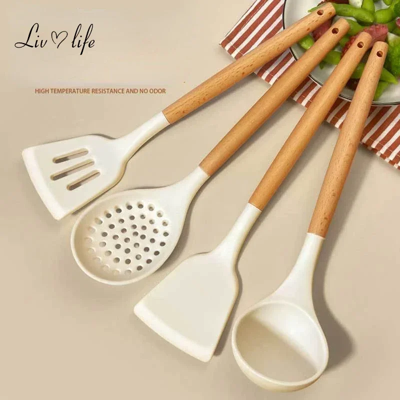 1pc silicone kitchenware set with short wooden handle, non stick pot, spoon, spatula, food clip, scraper, oil brush creamy white