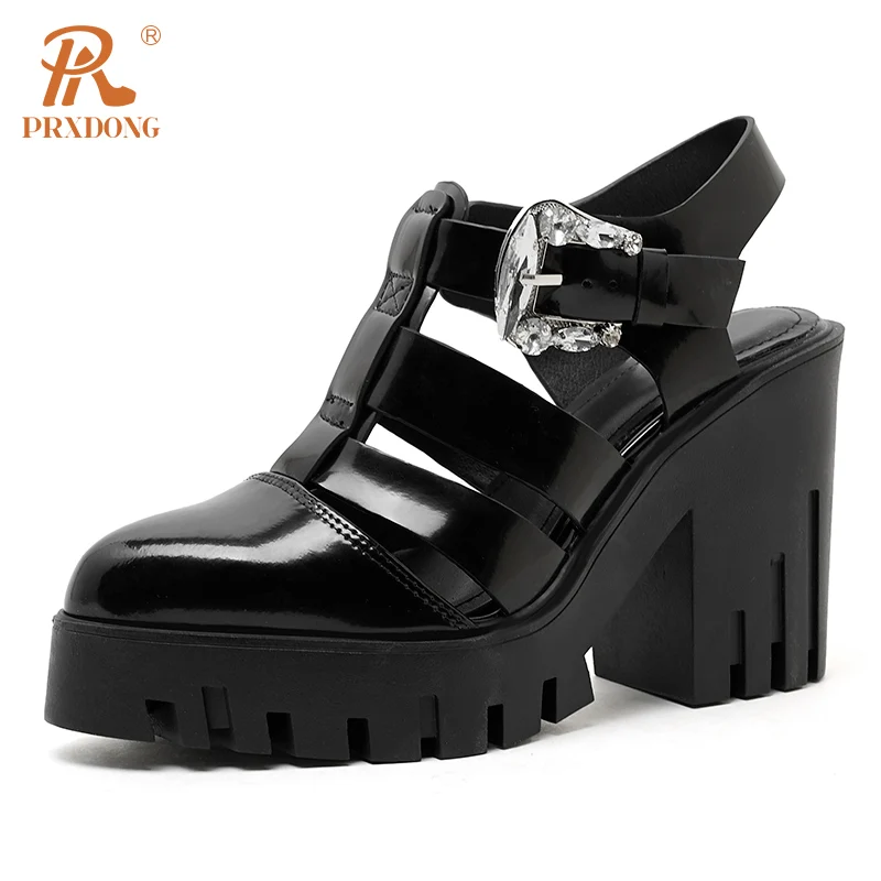 PRXDONG Women's Shoes New Brand Genuine Leather Chunky High Heels Platform Rome T-strap Black White Dress Party Casual Pumps 39