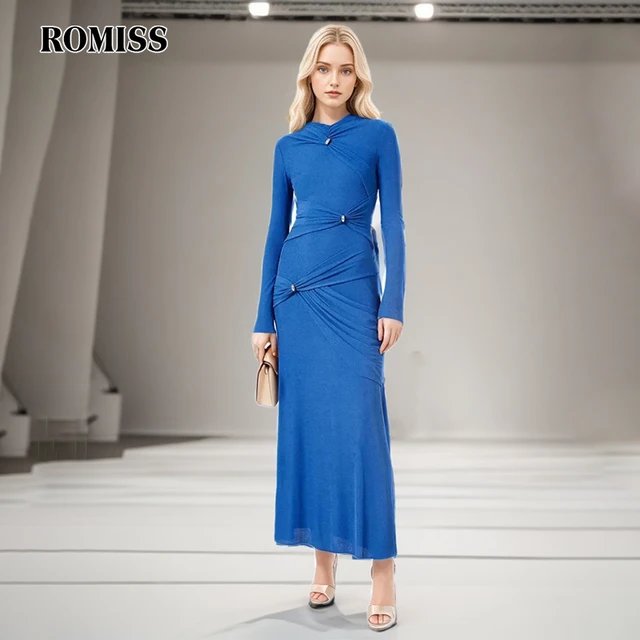 ROMISS Solid Spliced Folds Casual Dresses For Women Round Neck Long Sleeve High Waist Slimming A Line Dress Female Fashion AliExpress