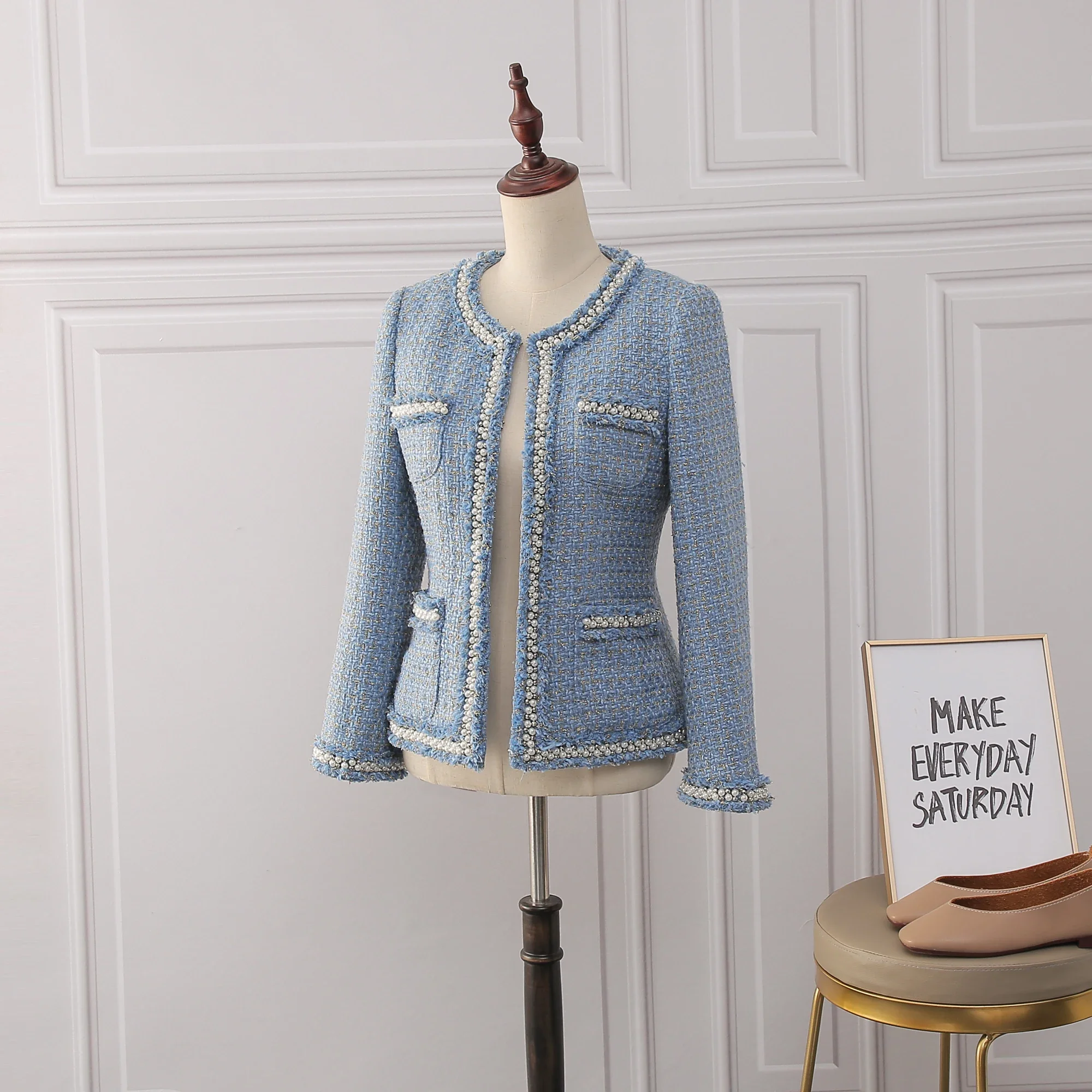 جديد تويد صغير الحلو الرياح الصغيرة مسمار حبة معطف قصير أزرق أنيق نمط فستان من الضباب يمكن تخصيص حجم #2