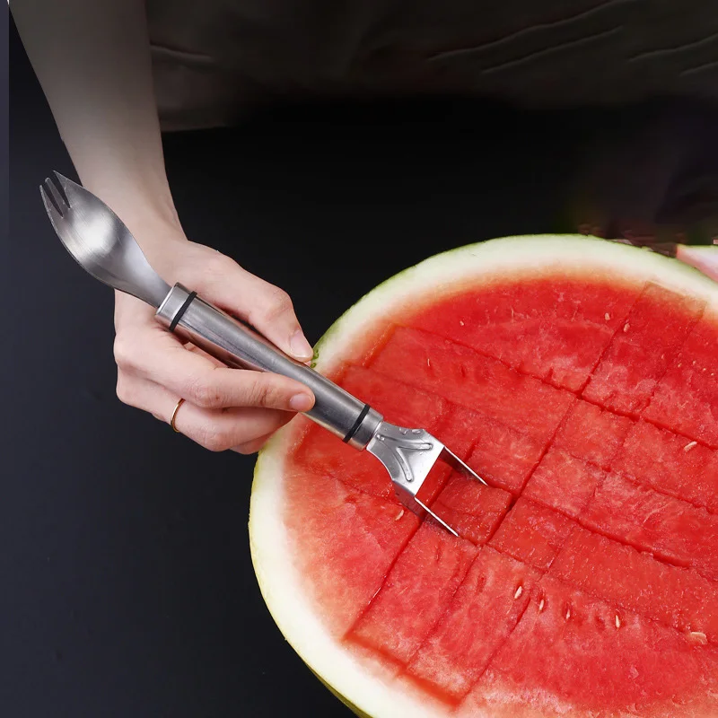 

2 in 1 Watermelon Fork Slicer Stainless Steel Windmill Watermelon Cutter Artifact Salad Fruit Slicer Cutter Tool Useful Tool