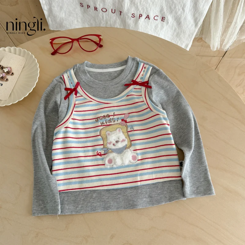 

Girls' Forest Style Striped Fake Two-Piece Base Shirt Autumn New Children's Cartoon Cat Long Sleeve Round NeckTT-shirt