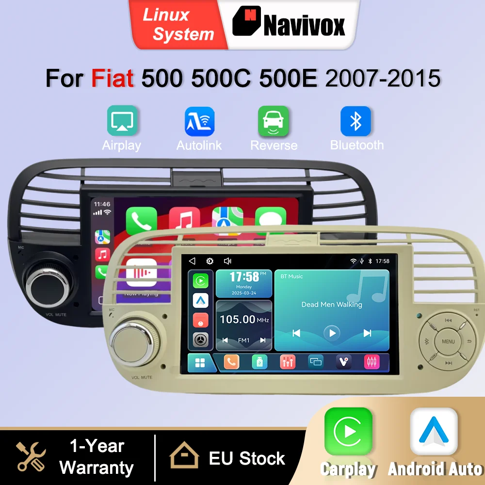 Pantalla Multimedia de 7 Pulgadas con Sistema Linux, CarPlay Inalámbrico, Android Auto para Fiat 500 500C Abarth 2007-2015, Bluetooth, GPS, Navegador, DSP, Pantalla Táctil, Cámara de Reversa, Radio para Auto