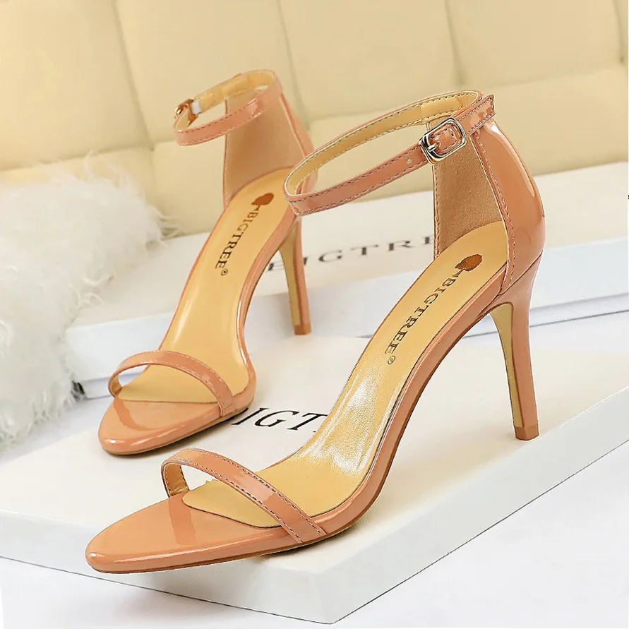 Fashion Style Simple Open Stripe Slim High Middle Heels Lacquer Leather Sexy Women's Sandals Women Pumps Ladies Wedding Shoes