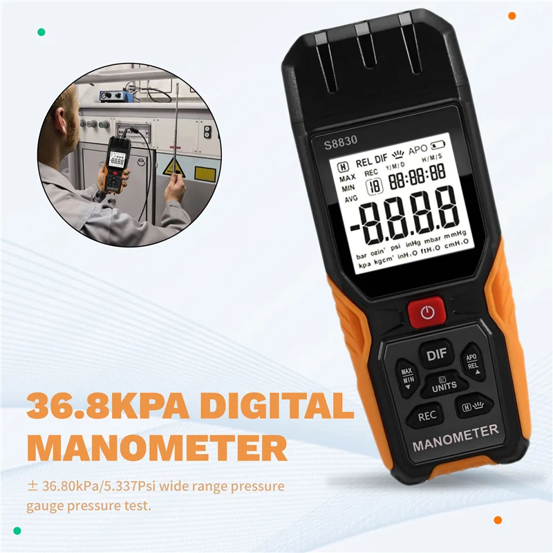 A73E-Digital Manometer 36.8Kpa Air Pressure Meter 11 Units Differential Pressure Gauge Natural Gas Pressure Meter