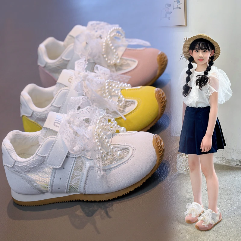 Kids Sport Sneakers for Girl 2026 Summer Pearl Lace Mary Jane Flats Lightweight Non-Slip Back To School Children Running Sandals