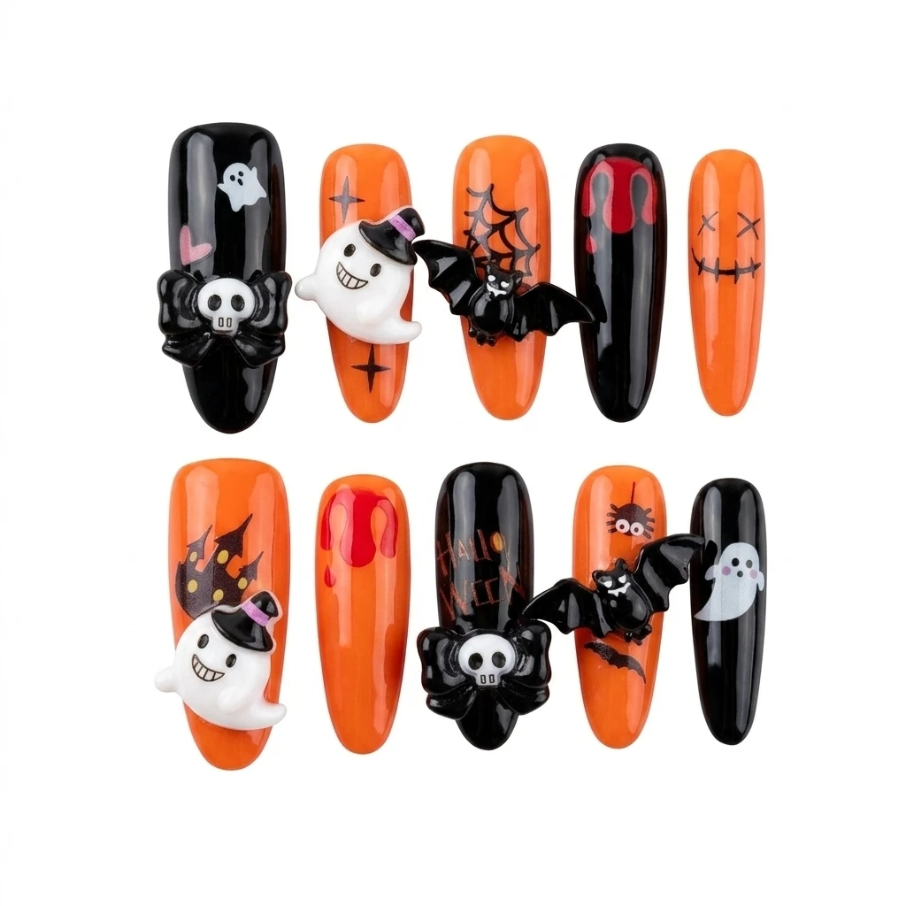 10pcs Long Oval Press On Nails 3D Ghost Skeleton Design False Nails for Halloween Party Wearable Detachable Manicure Fake Nails