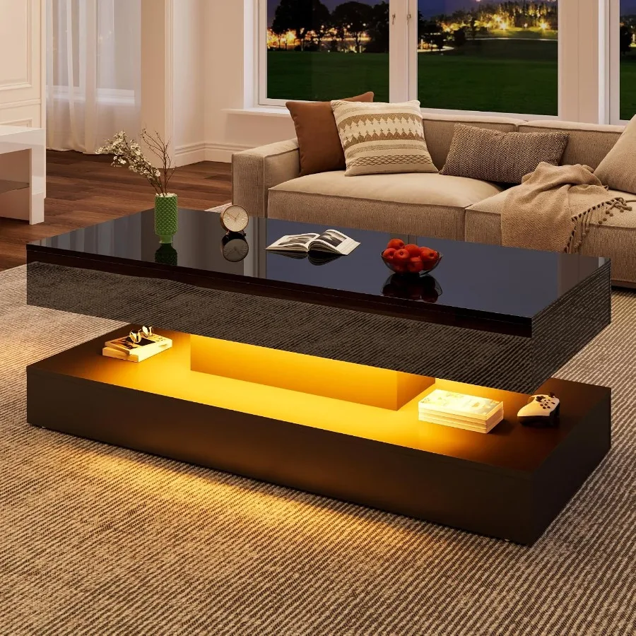 Modern living room coffee table, high-gloss acrylic, white, sleek LED-lit design with reflective surface