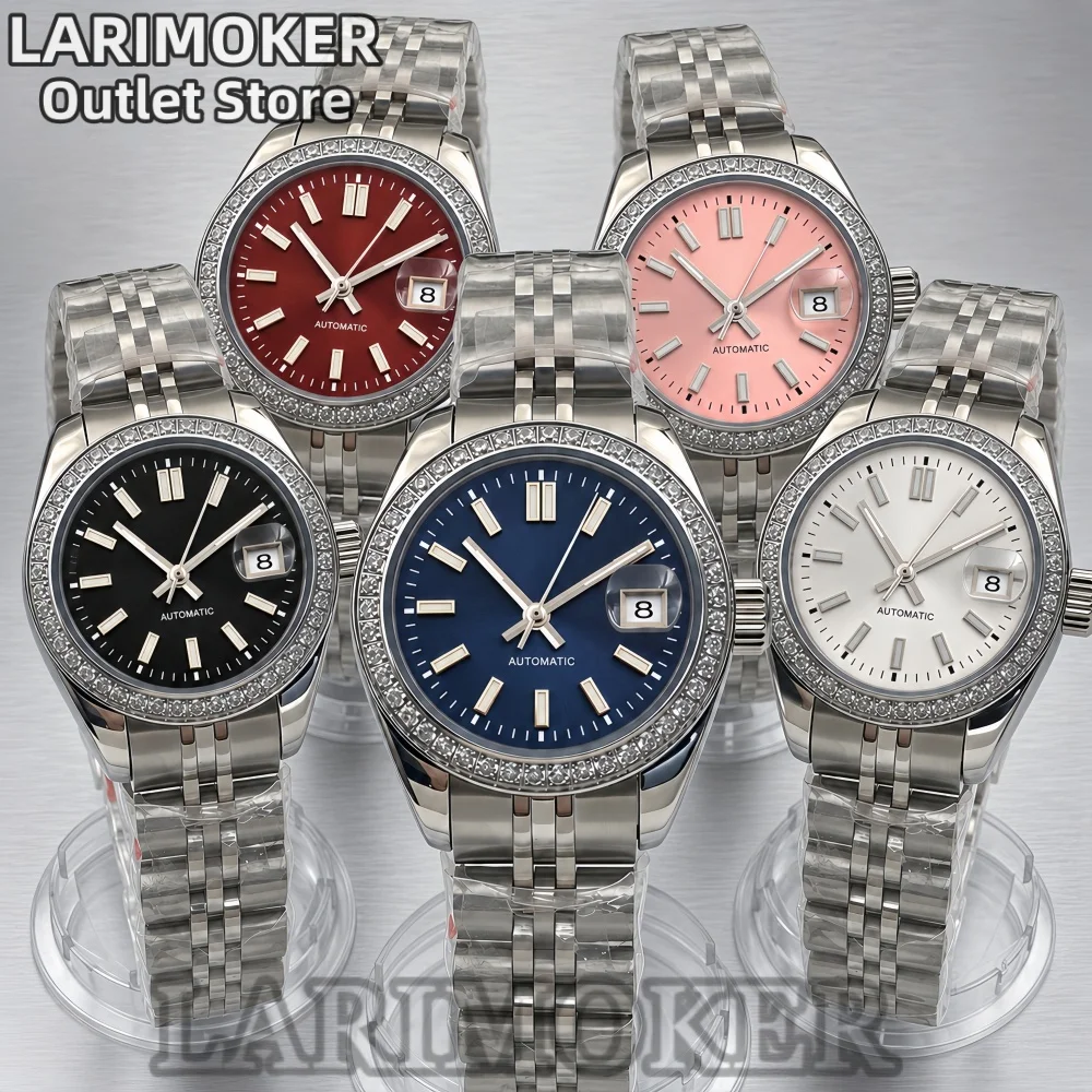 LARIMOKER 28mm Ladies NH05 Automatic Watch Sapphire Glass Date Magnifier Crystal-Set Bezel Stainless Steel Band Water-Resistant
