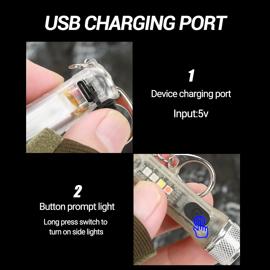 400LM Keychain LED Flashlight EDC Rechargeable Torch Waterproof Fluorescent Work Light Camping Pocket Torch Red and Blue Light