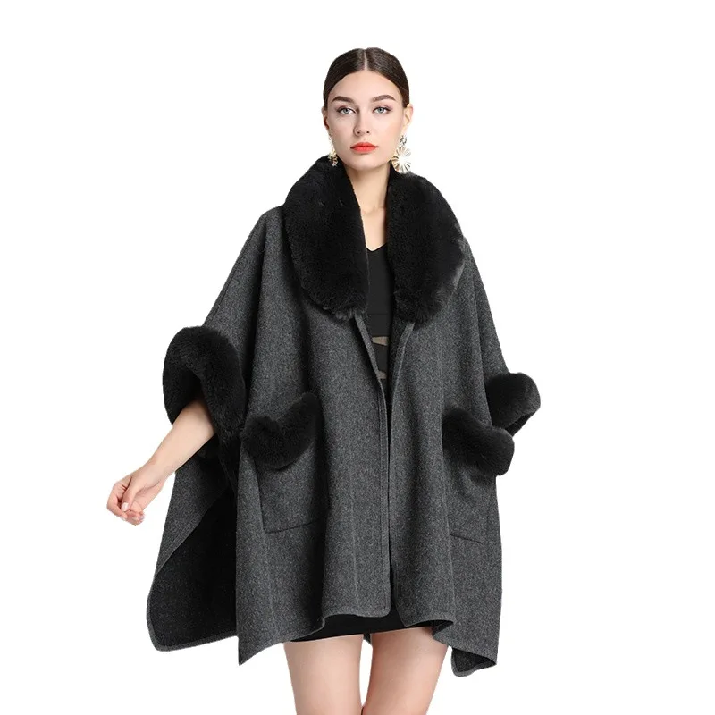 

European and American Style Autumn/winter New Rabbit Fur Collar Shawl Cape Plus Size Loose Woolen Coat Cardigan Women