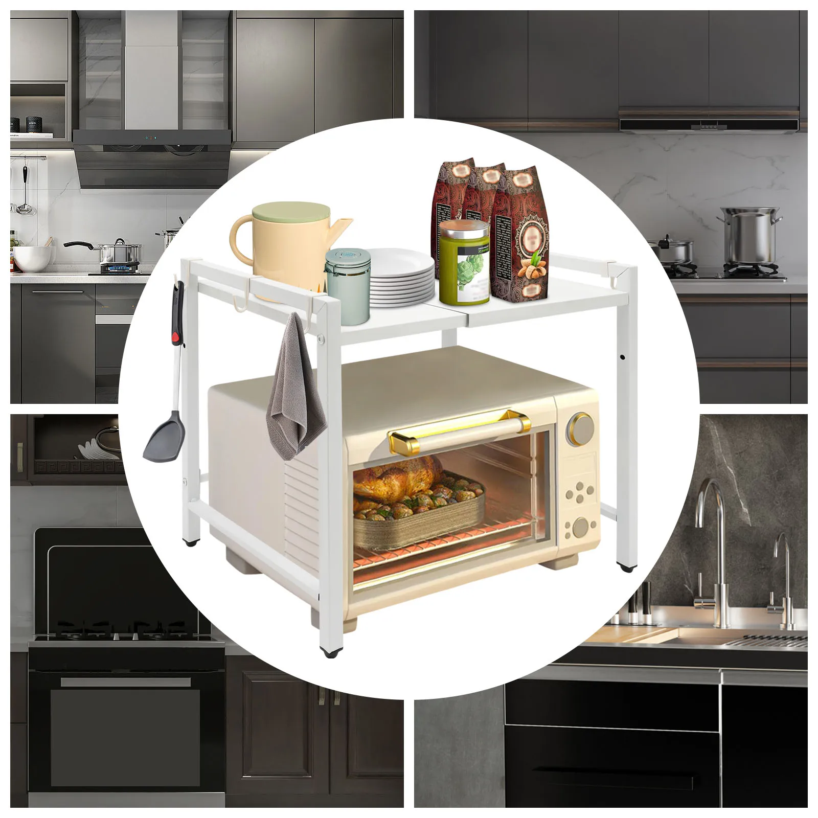 Extendable Microwave Oven Rack Adjustable Microwave Stand Kitchen Countertop Organizer with Hooks Kitchen Storage