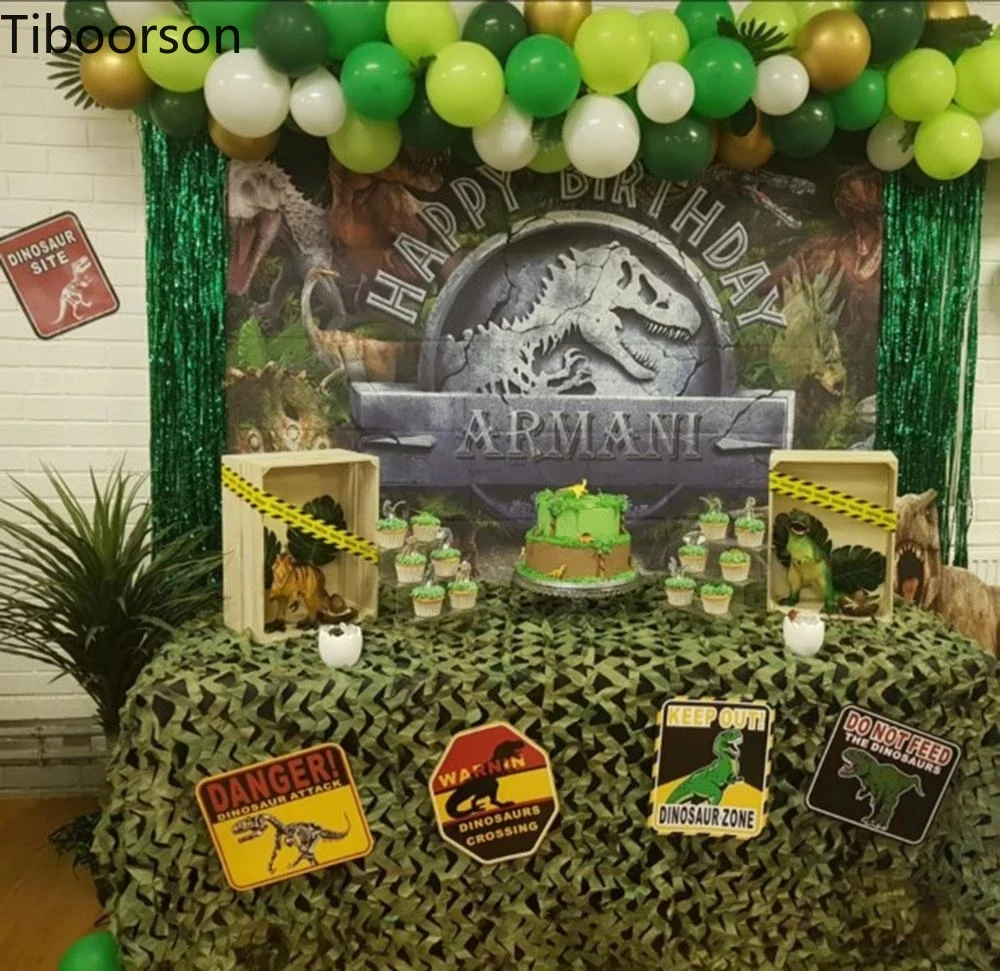 Studio fotografico su misura dei fondali della festa di compleanno del dinosauro del mondo del parco giurassico degli animali selvatici di Safari della giungla
