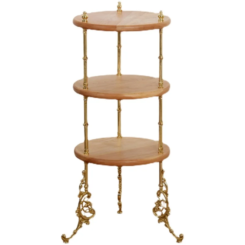 Vintage brass solid wood circular floor standing shelf storage rack, light luxury edge flower rack bookshelf