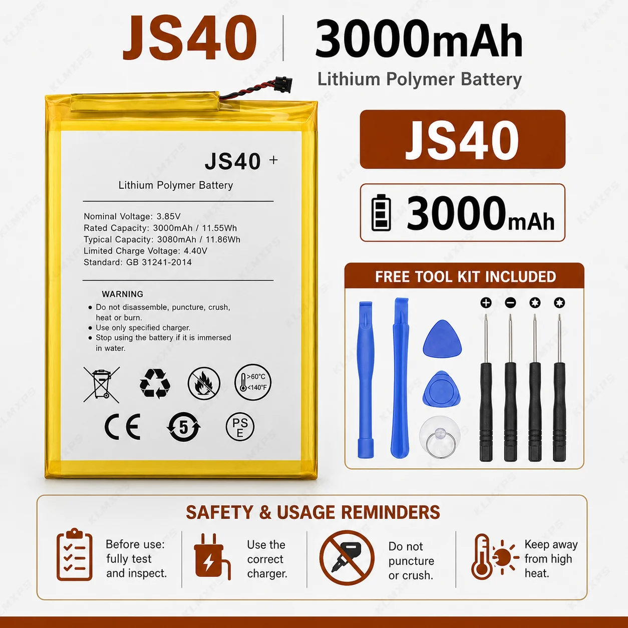 Replacement JS40 3000mAh Phone Battery with Tools for Motorola Moto Z3 Play XT1929-1 XT1929-4 XT1929-5 XT1929-6 XT1929-8