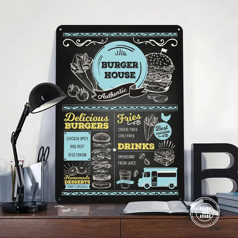Burger House Blackboard Printed Poster Customized Retro Wall Art Vintage Metal Tin Signs for Home Decor Living Room Custom Plate