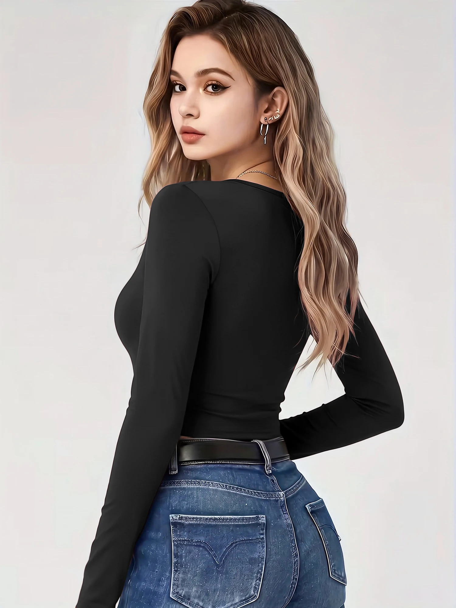 Women Low Cut U Neck Long Sleeve Bodycon Top Solid Simple Stretch Shirt Street Fashion Slim Crop Blouse
