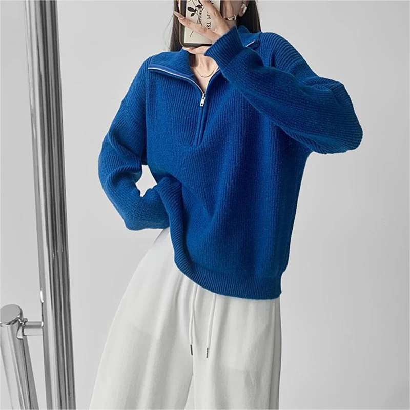 Autumn Winter Pullover Sweater Women\'s Zipper Semi Open Collar Korean Style Long Sleeved Knitted Sweaters Solid Color Top