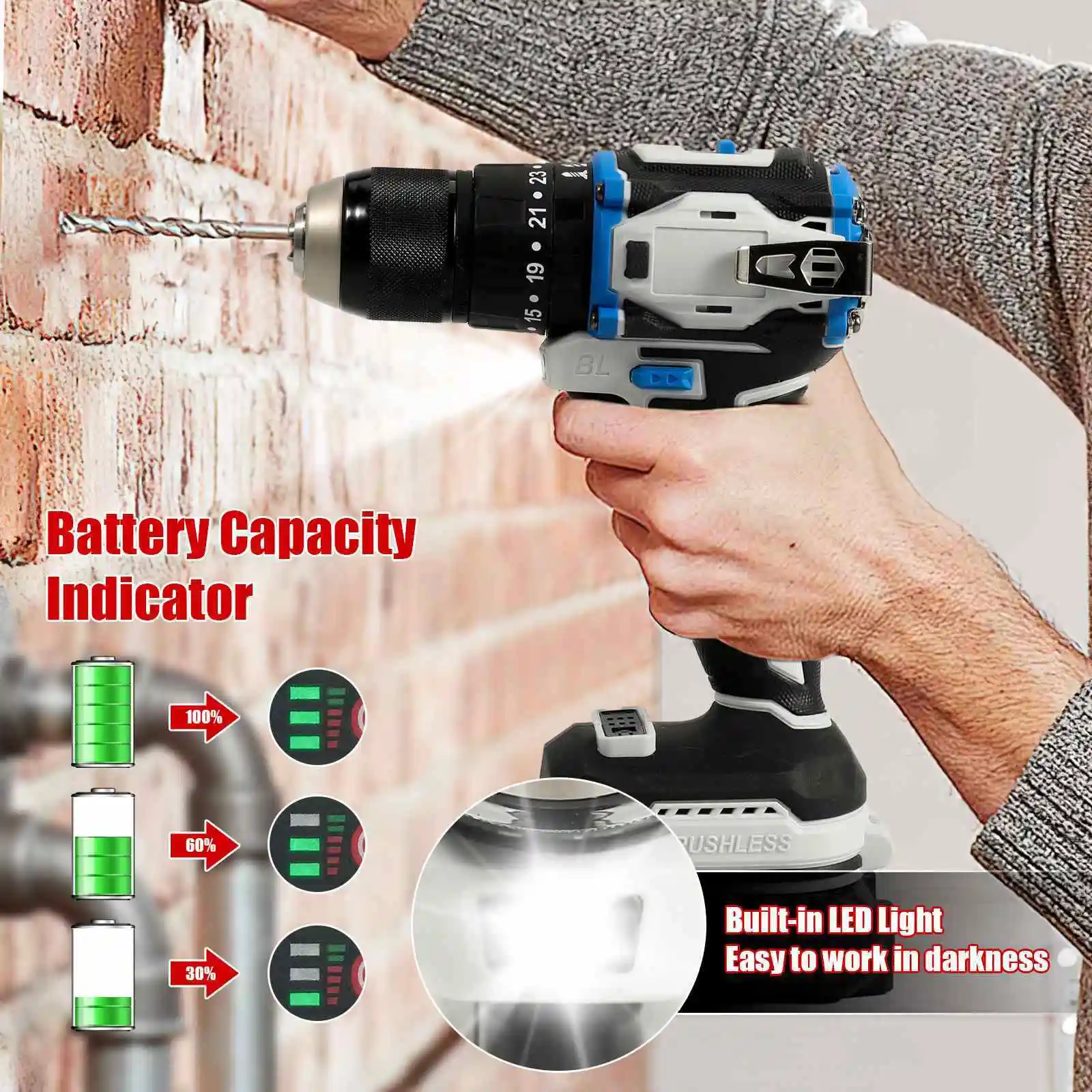 Taladro de impacto inalámbrico de 21 V, 31 piezas, portabrocas de metal de 13 mm, 25+1 embrague, 70 Nm, 2 velocidades, 1800 rpm, taladro