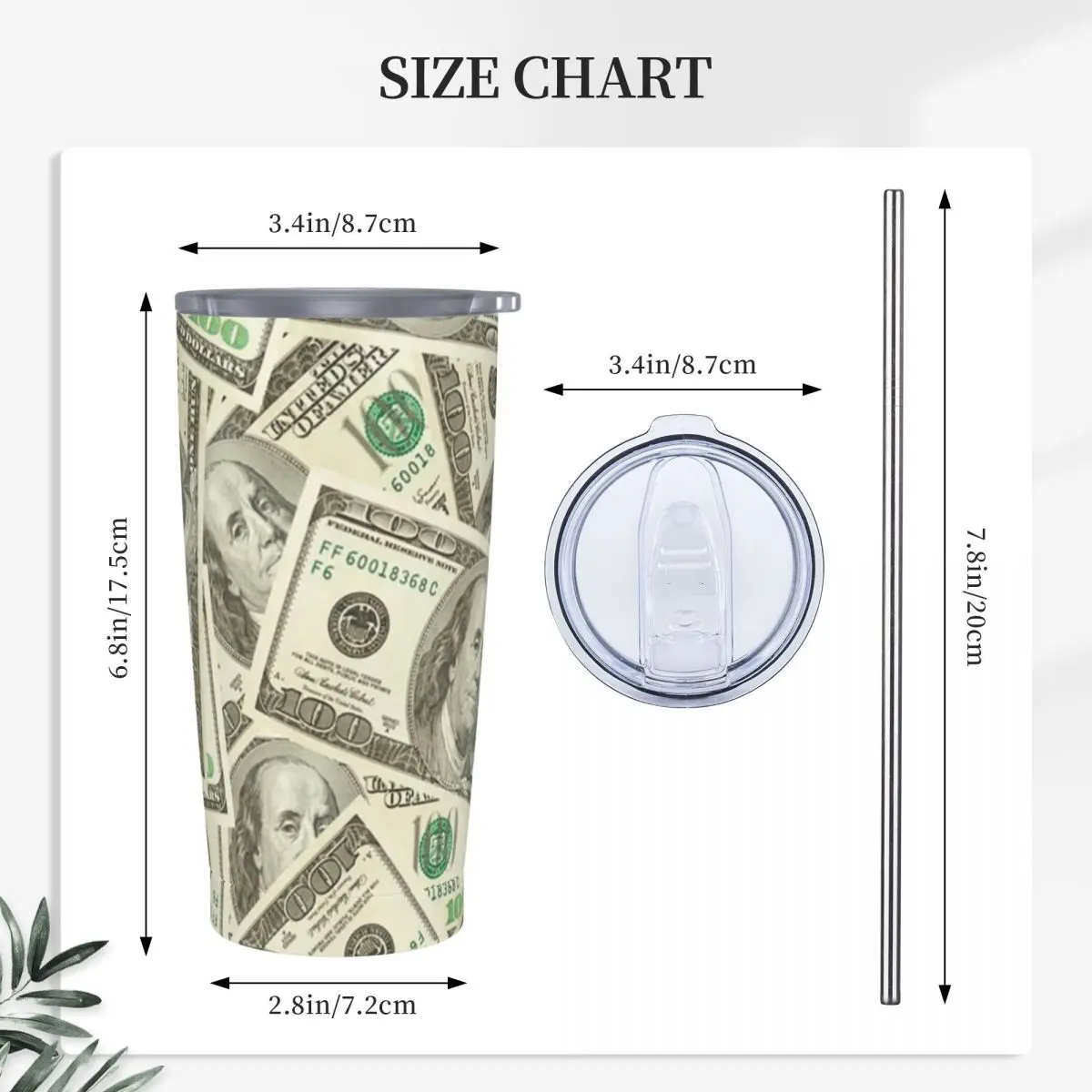 US Dollar Banknotes Stainless Steel Tumbler Vacuum Insulated Mugs Thermal Cold Cup Straw With Lid 20oz