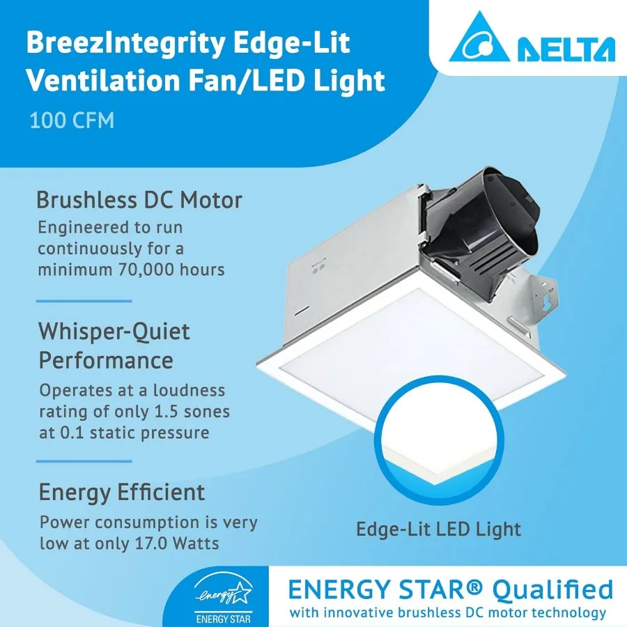 مروحة عادم الحمام Delta Electronics ITG100ELED Integrity 100 CFM مع إضاءة LED قابلة للتعتيم للحمامات الحديثة