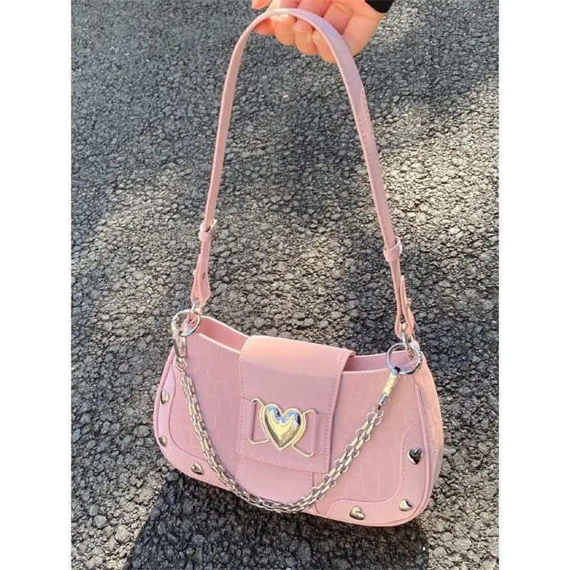 2023 New Fashion Shoulder Bags for Women Y2K Spice Girls Underarm Bag Pink Heart Chain Crossbody Bag Luxury Designer Handbag