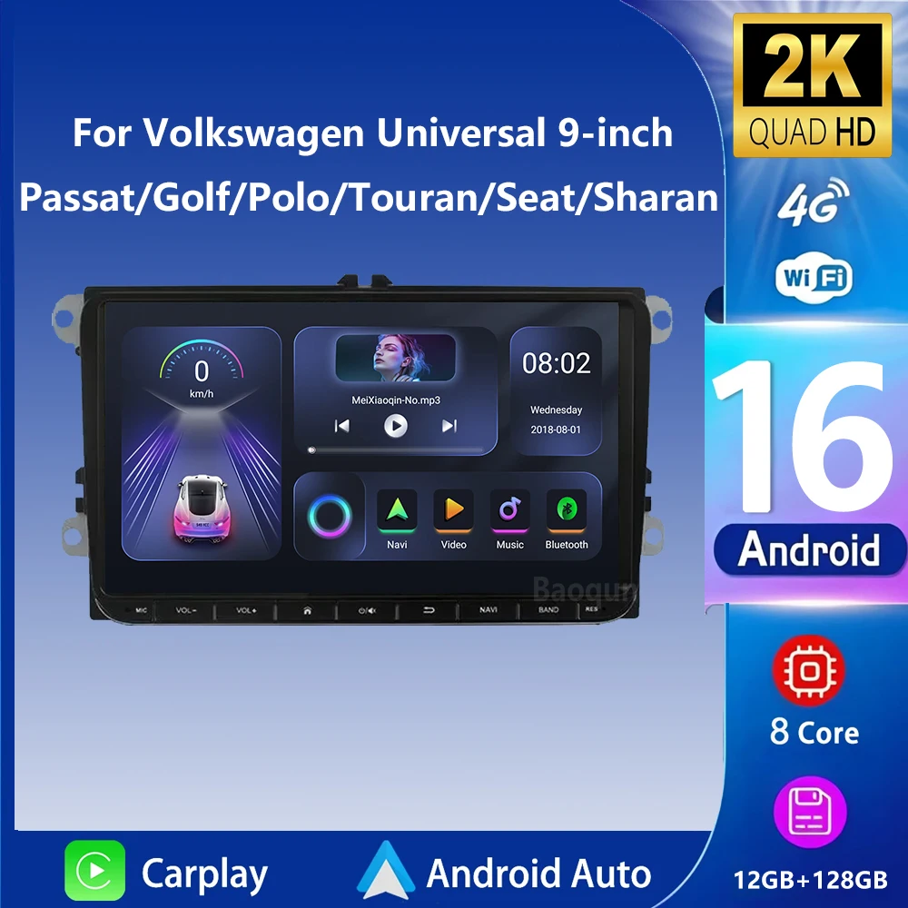 Rádio automotivo carplay sem fio android 16 para vw/volkswagen/golf/polo/tiguan/passat/b7/b6/seat/leon/skoda/octavia reprodutor multimídia