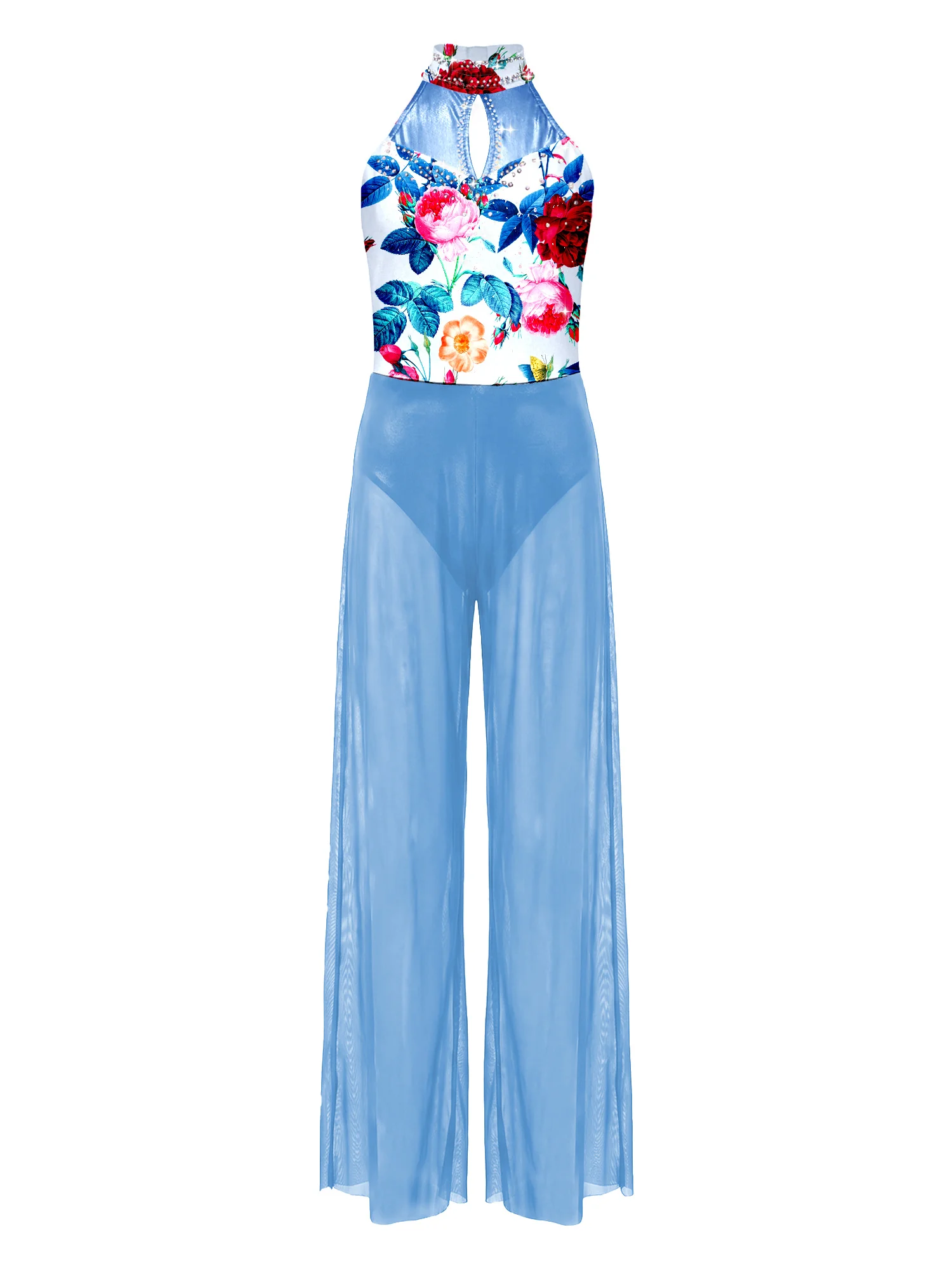 

Kids Girls Lyric Dance Sparkly Rhinestones Patchwork Design Long Pants Clothes Built in Briefs Jumpsuit for Stage Performance