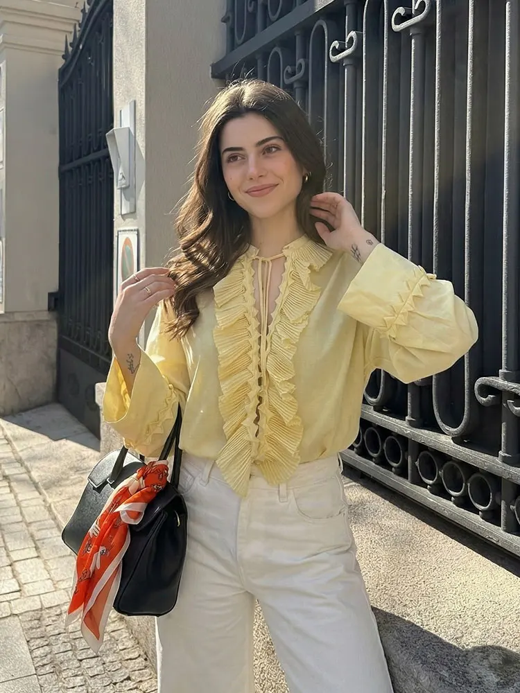 

HH Women Yellow Long Sleeve Blouse V Neck Tie Ruffle Shirt for Women Spring Summer Office Workwear Business Casual Tops