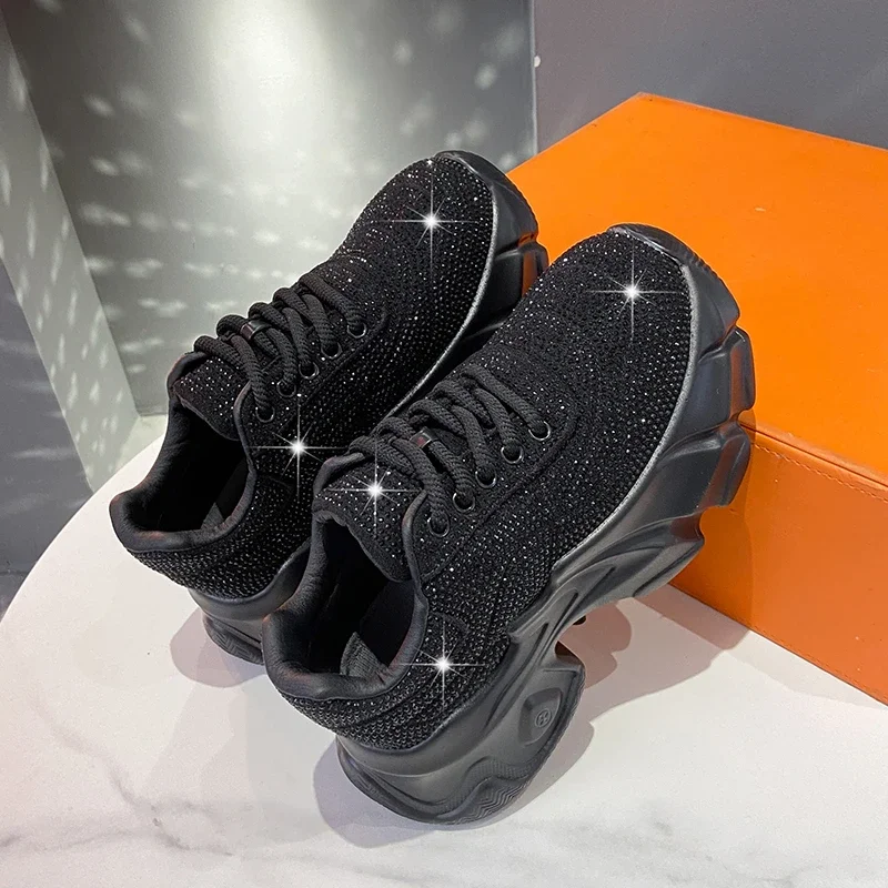

Women Sneakers Spring Lace-Up High Heel Platform Lace Up Luxury Crystal Casual Working Shoes Wearing Night Running Shoes Outside