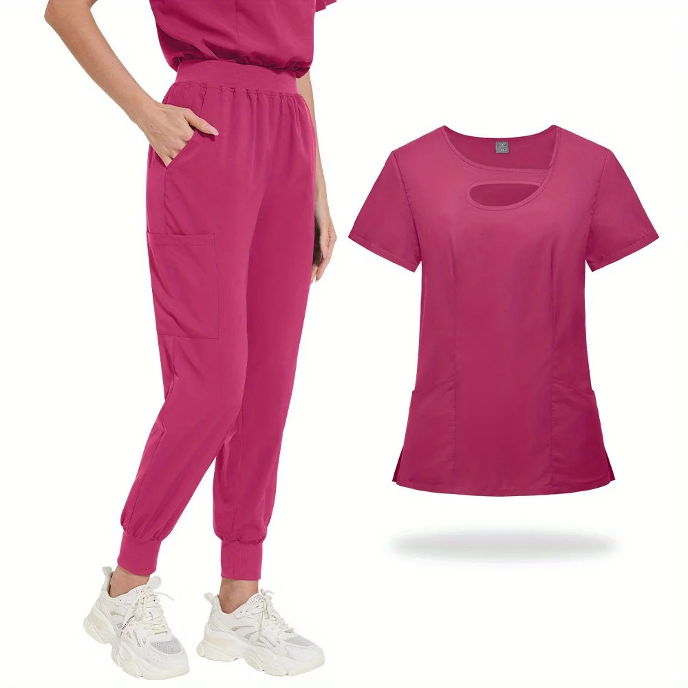 2 Piece Hollow Out Solid Color Women Short Sleeve Scrub Set Lightweight Long Pants Uniform for Beauty Salons