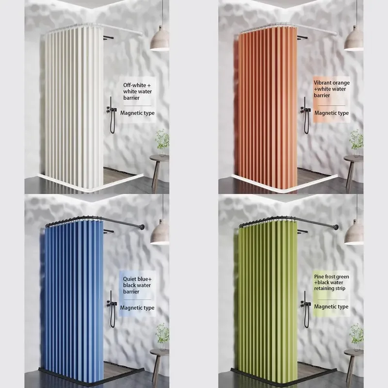 Luxury Classic Polyester Shower Curtain Set U Shaped Magnetic Sealing Waterproof Splash Proof with Adjustable Rod