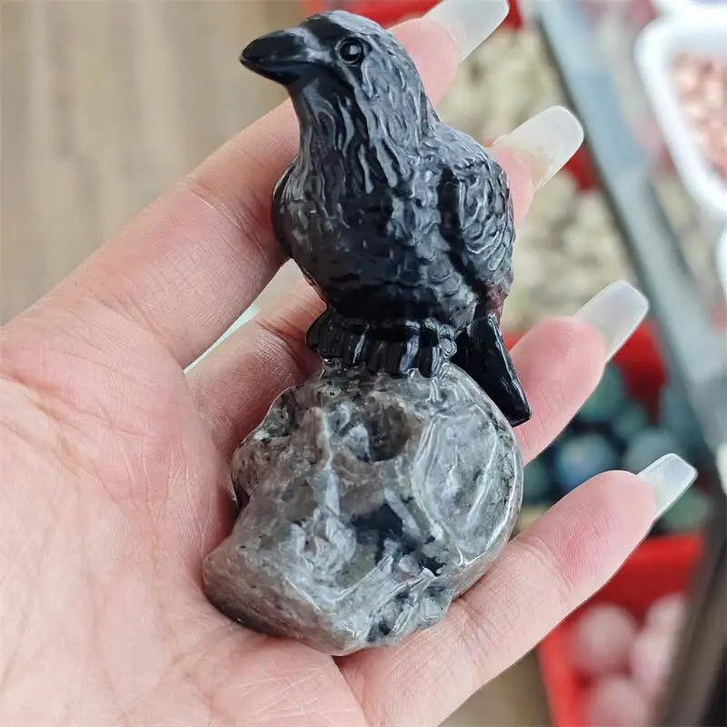 Natural Black Obsidian Bird And Yooperlite Skull Carving Healing Fengshui Stone Home Decoration Holiday Gift 1PCS