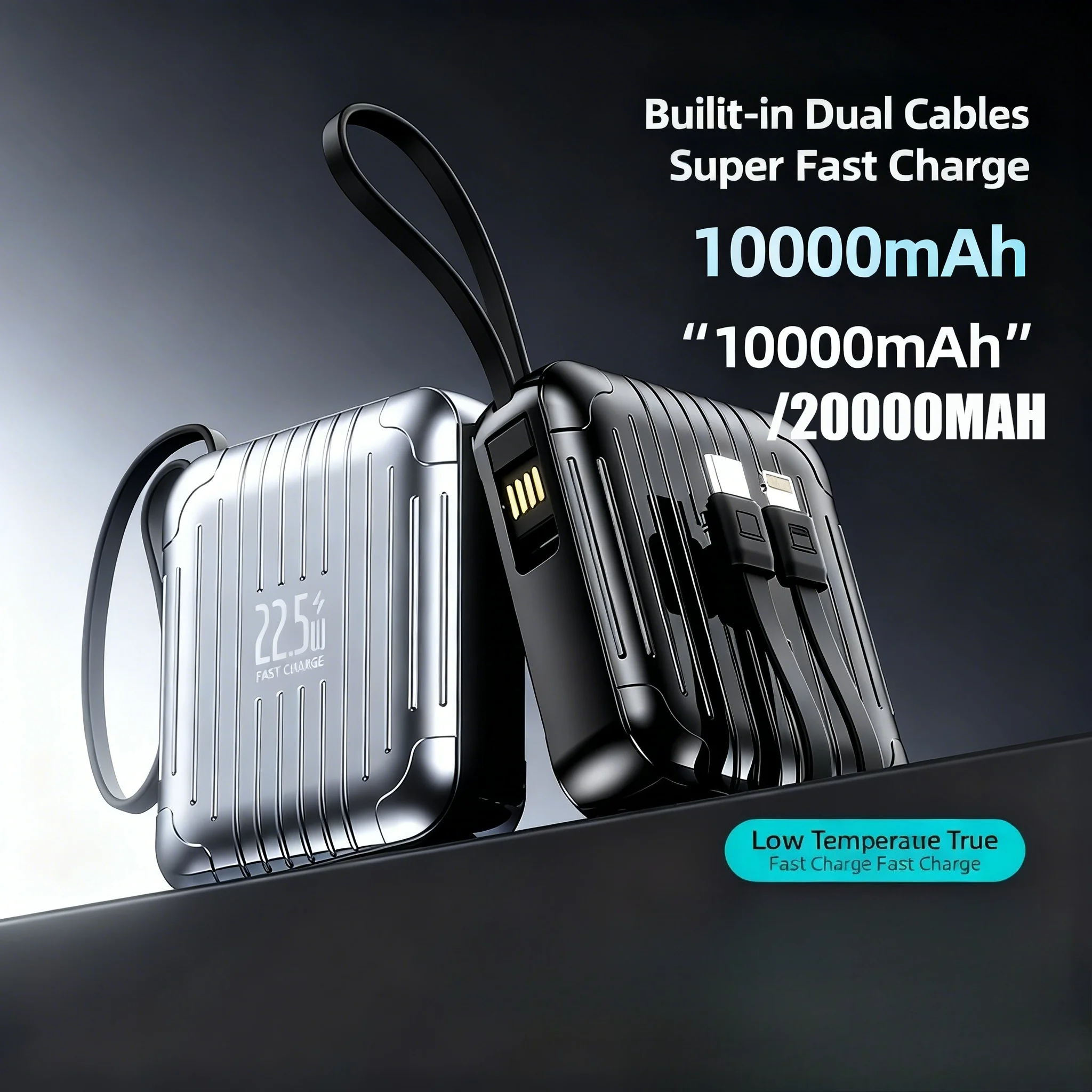 

20000mAh Mini Suitcase Power Bank with Built-in Cables Ultra Slim Portable Charger for IPhone 15/14LED Display Fast Charging